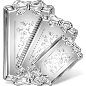 Rtteri 3 Pcs Serving Trays with Bow Knot, Silver Stainless Steel Embossed
Antique Vintage Decorative Vanity Catchall for Jewelry Perfume Keys Dresser, Metal Design for Wedding Desserts Display