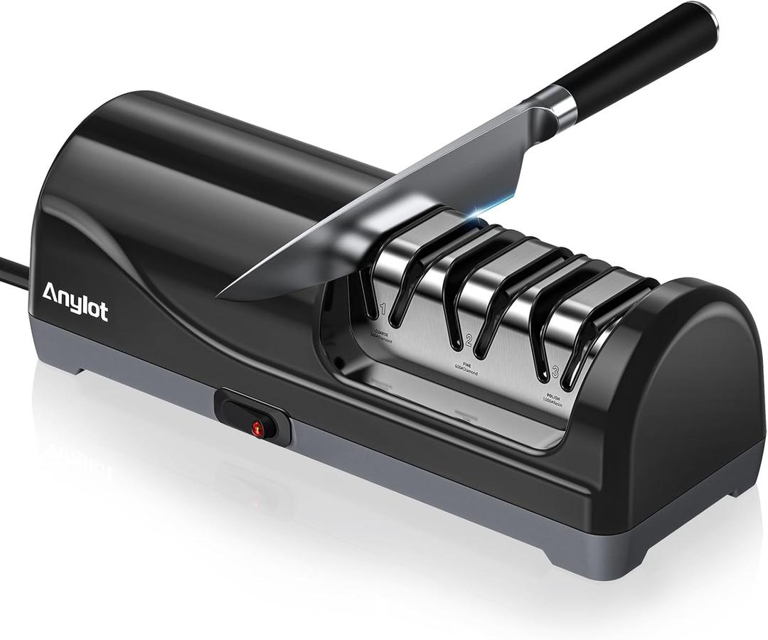 Electric Knife Sharpener for Kitchen, 3-Stage Knife Sharpener Electric with 100% Diamond Abrasives, 20 Precision Angle Guide, Fast & Safe Sharpening for Chef Knives, Home Use & Beginners (Black)