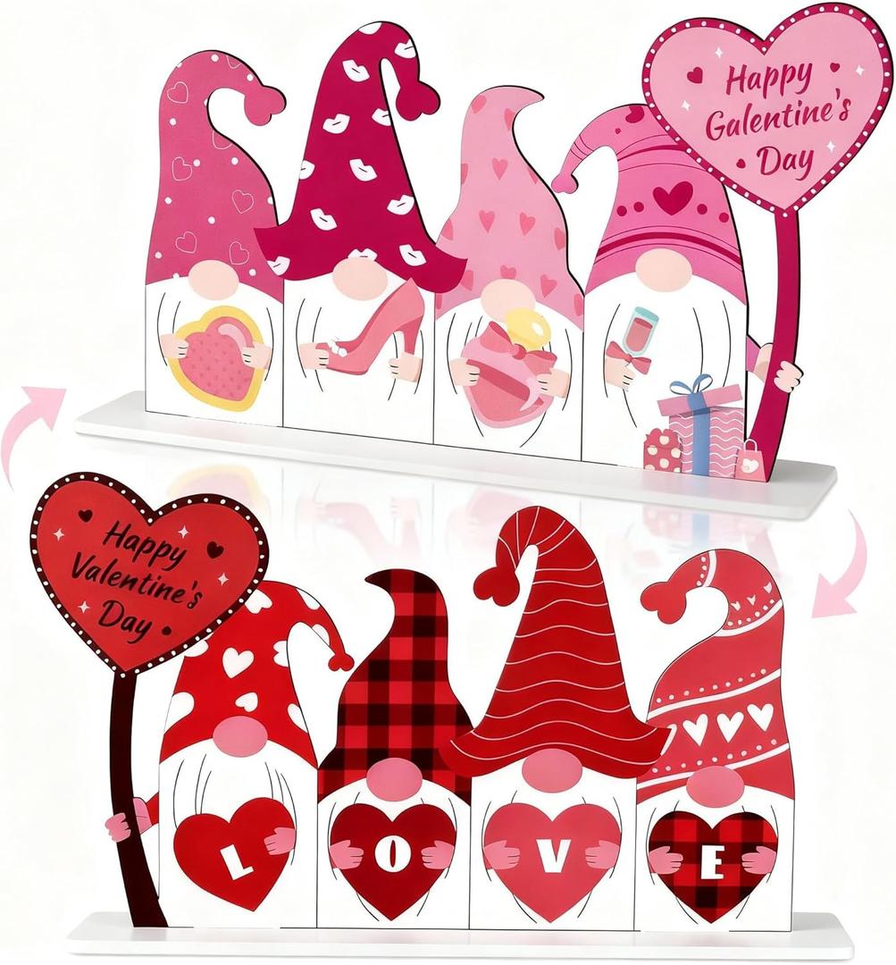 Galentines Day & Valentines Day Decorations Reversible Table Centerpiece Sign Wooden Gnome Decor for Home Office Mantle Desk Indoor Party Tiered Tray Kitchen Decor