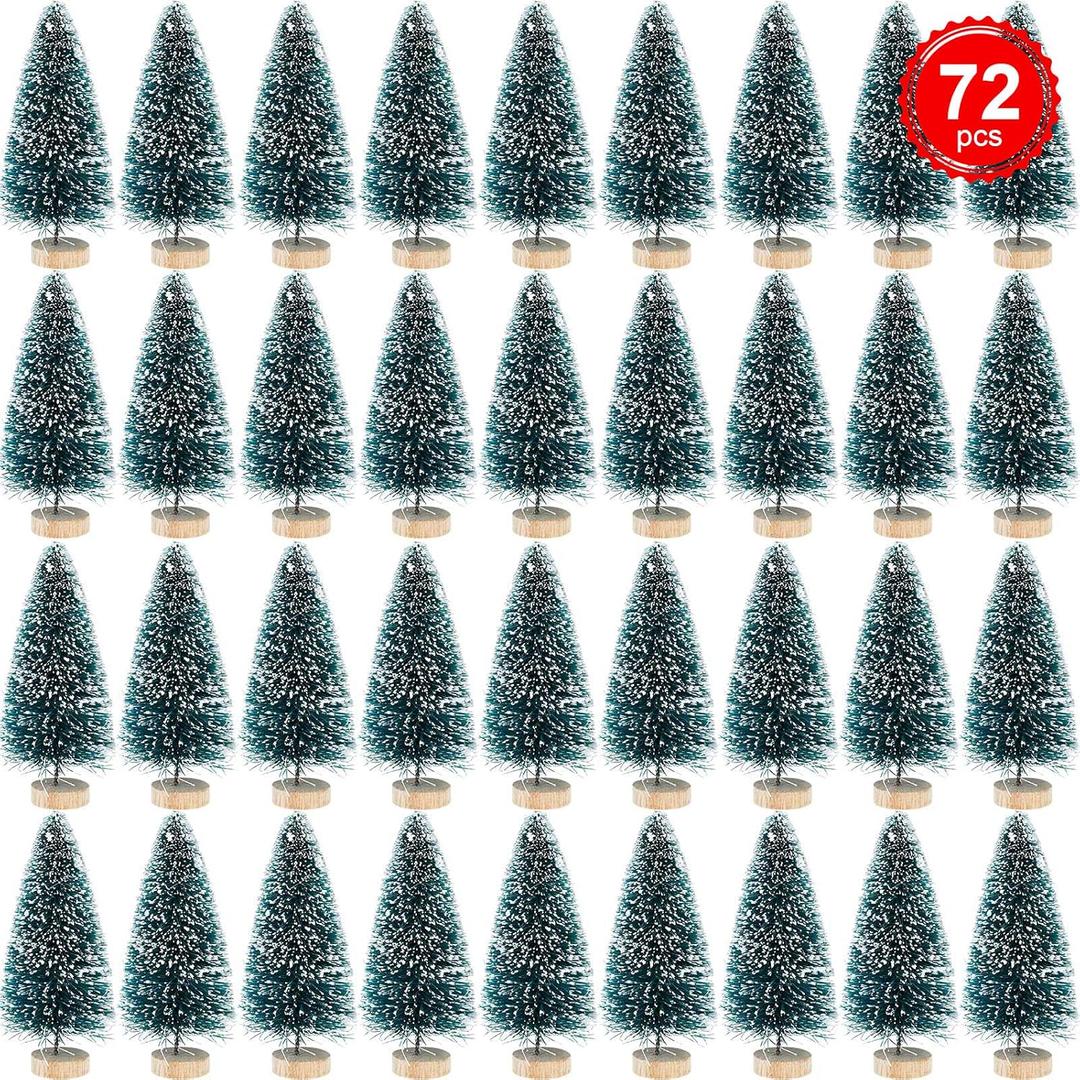 Mini Bottle Brush Pine Trees with Wood Base - Winter Snow Frost Decor and Ornaments, 72 Pieces