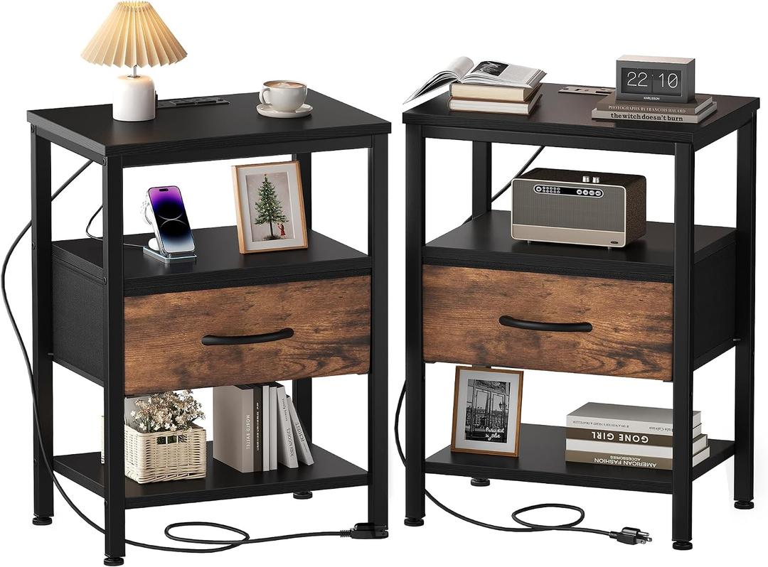 OLIXIS Nightstand with Charging Station, Beside Table with Fabric Drawers, 15.7"Dx11.8"Wx23.4"H