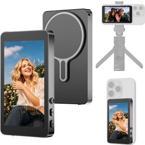 Magnetic Phone Vlog Selfie Monitor Screen, Rear Back Camera Monitor for iPhone, 4" Screen 2000mAh Battery 20m Transmission Distance for Selfie Vlog Live Stream TikTok Video Recording (Black 1)