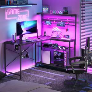 Bestier Gaming Desk 51" L-Shaped, with Power Outlets & LED Lights- 4 Tier Shelves, Reversible Gamer Table with Hooks & Cup Holder for Home Office Carbon Fiber Black (51 Inch)