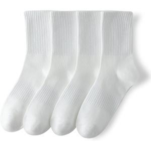 YUWELL Womens Striped Crew Socks, Cotton Cozy Casual Socks for Women 4 Pairs, Size 5-10, Pure White