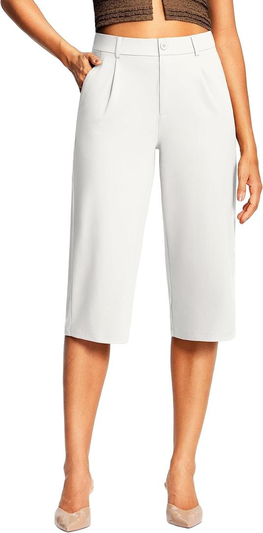 ISEEGZ 18" Capri Pants for Women Wide Leg Stretchy Casual Capris Pleated Dress Pants with Pockets Business Lounge Work, Size: X-Large
