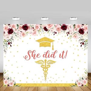 MEHOFOND 8x6ft Nurse Graduation Backdrop Congratulations Graduates Rose Gold Congrats Grads She Did It Banner Glitter Gold Spots Floral Background Photo Booth Props