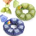 Yaklim Round Weekly Pill Organizer, TPU Rubberized, Travel Pill Container 7 Day, with 7 Large Compartments, Great for Daily Vitamins, Cute Pill Case with Large Letters and Braille (Olive and Blue)