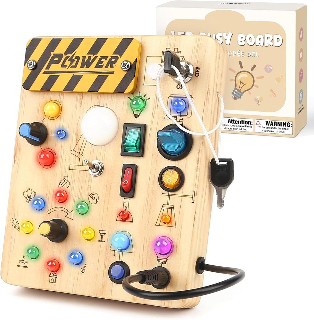 LED Busy Board for Toddlers 1-3,Montessori Sensory Toy with Key Switch and Plug, Light Up Wood Activity Switch Board for Fine Motor Skills, Educational Travel Toy Gift for 1 2 3 Year Old Boys Girls