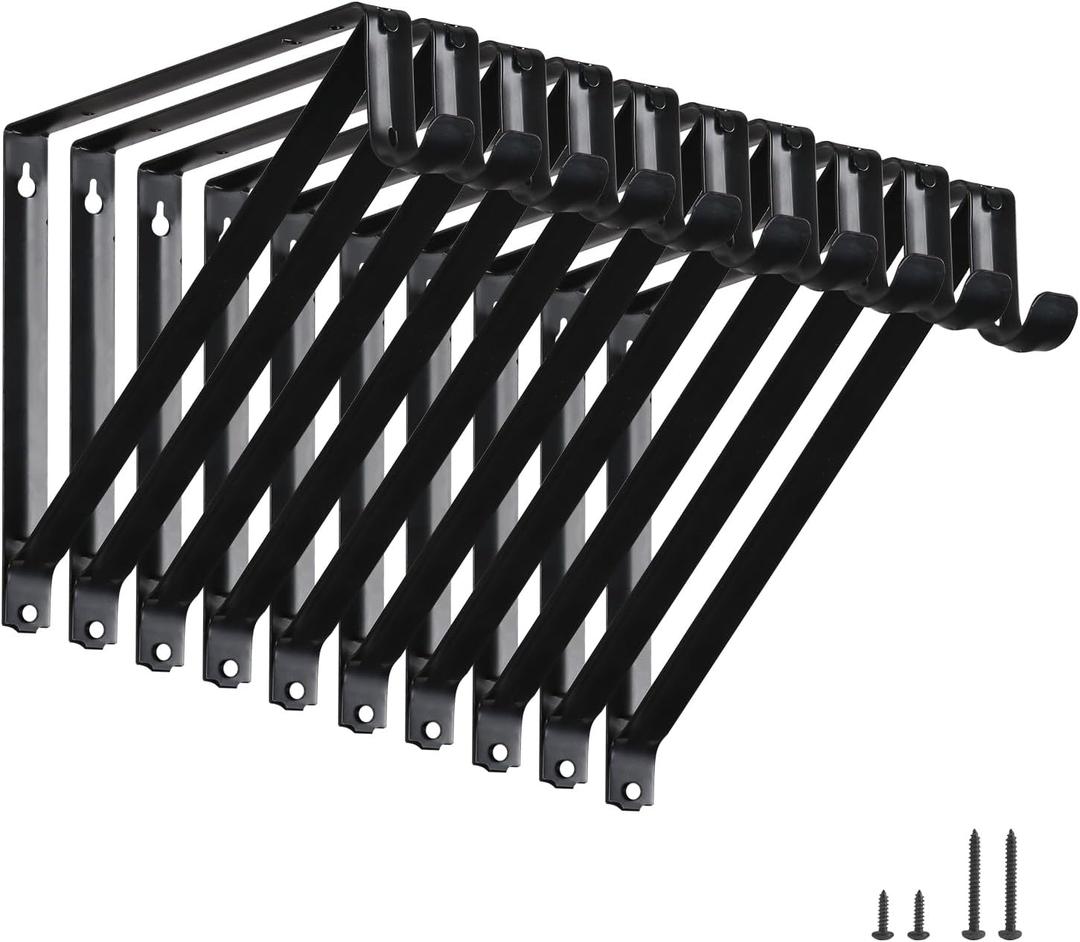 HOME MASTER HARDWARE Heavy Duty Closet Shelf Rod Brackets 10 Pack,Wall Mounted Closet Shelves Support Brace with Hook,10-3/4 in Black Bracket with Screws
