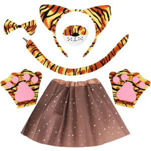 Tiger Costume with Brown Skirt,Halloween Costume for Girls,Tiger Ear and Tail Set Costume for Kids Multiple Layers of Brown Skirt for Adults Kids Girls