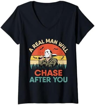 Womens Vintage Real Man Will Chase After You Halloween Character V-Neck T-Shirt Size M
