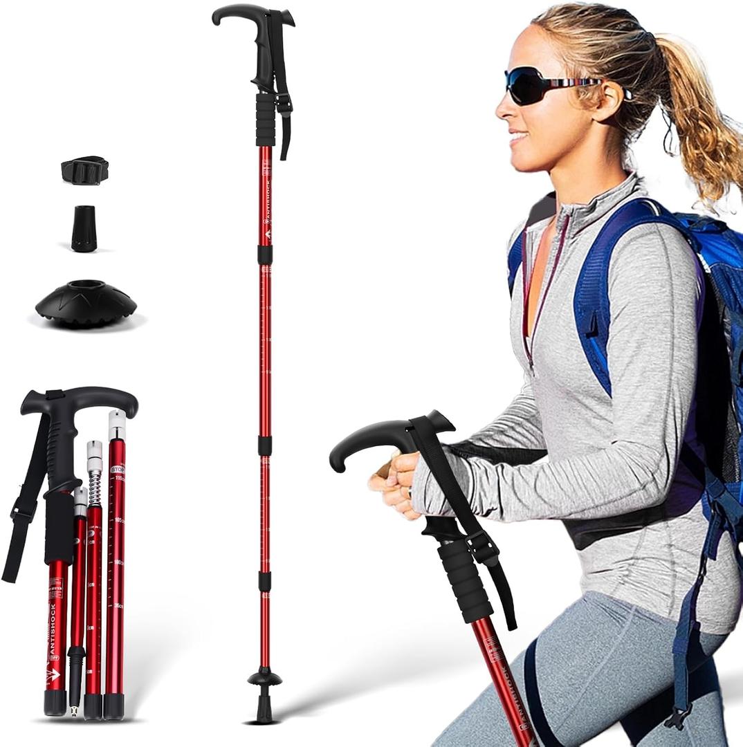 Telescopic Walking Cane 43 Inch with Anti-Shock & T-Grip Handle - 7075 Aluminum Quick Lock Trekking Pole, Ultralight for Hiking, Camping, Mountaineering (Red)