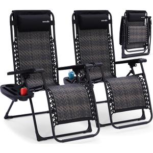 SereneLife Zero Gravity Lounge Chair Set of 2 Outdoor Reclining Patio Chairs with Rattan Side Table, Cup Holder & Pillow Foldable Lawn Chairs for Patio Furniture, Garden, Beach, or Indoor Relaxation, One Size