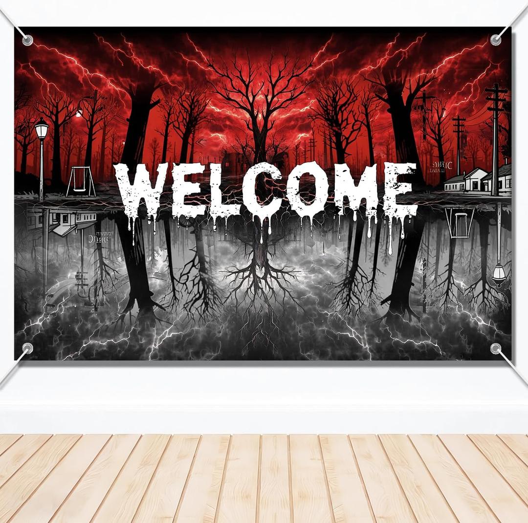 Welcome to The Other Side Backdrop, 5x3ft Stranger Spooky Forest Banner Upside Down Spooky Themed Party Decorations for Halloween Birthday Room Wall Decor Photo Props