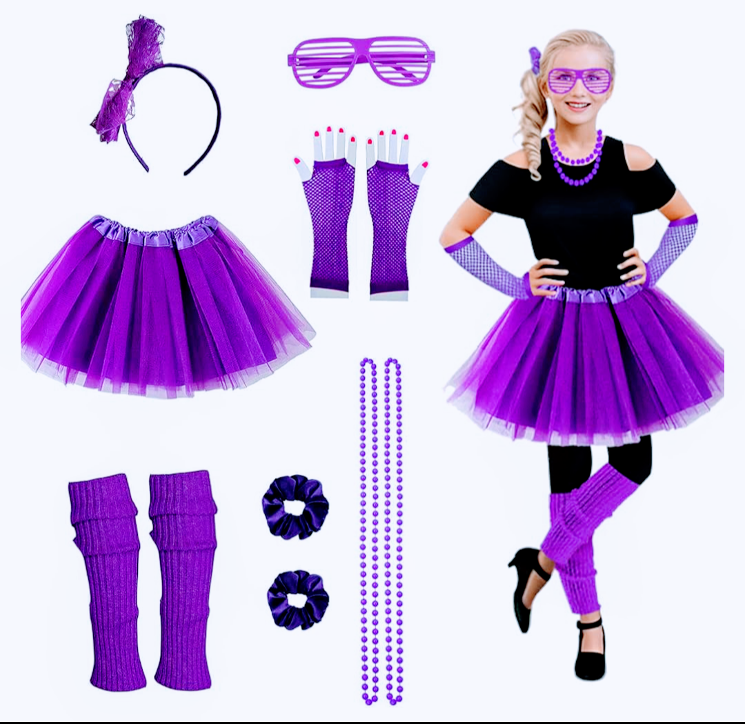 Joizomou Girls 80s Outfit Costume Accessories 7pcs 70s 1980s 90s Costumes with Purple Sparkle Tutu Neon Leg Warmers 80s Neon Scrunchies Gloves Necklace Glass for Cosplay Theme Party