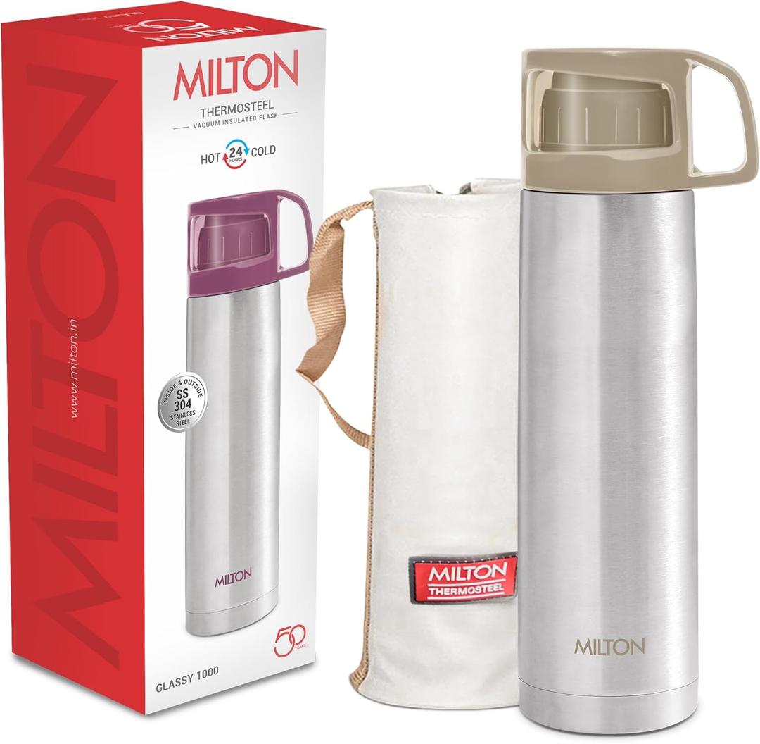 Milton Thermos for Hot Drinks 1000 ml (34 oz), 24 Hours Hot and Cold, Stainless Steel Water Bottle, Double Walled Vacuum Insulated Flask for Hot Coffee, Thermosteel, Leak Proof, Glassy, Grey (33.8 Ounces, Gray)