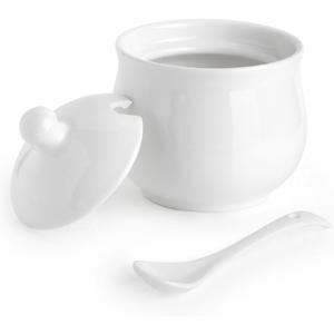 Ceramic Sugar Bowl with Lid and Spoon, Porcelain Salt Storage Jar, White Seasoning Container for Home and Kitchen, 7 Ounces (White)