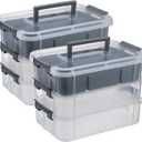 JUXYES 2 Pack 3-Tiers Stack Carry Storage Box With Divided Tray, Transparent Stackable Storage Bin With Handle Lid Latching Storage Container for School & Office Supplies, Dark Gray