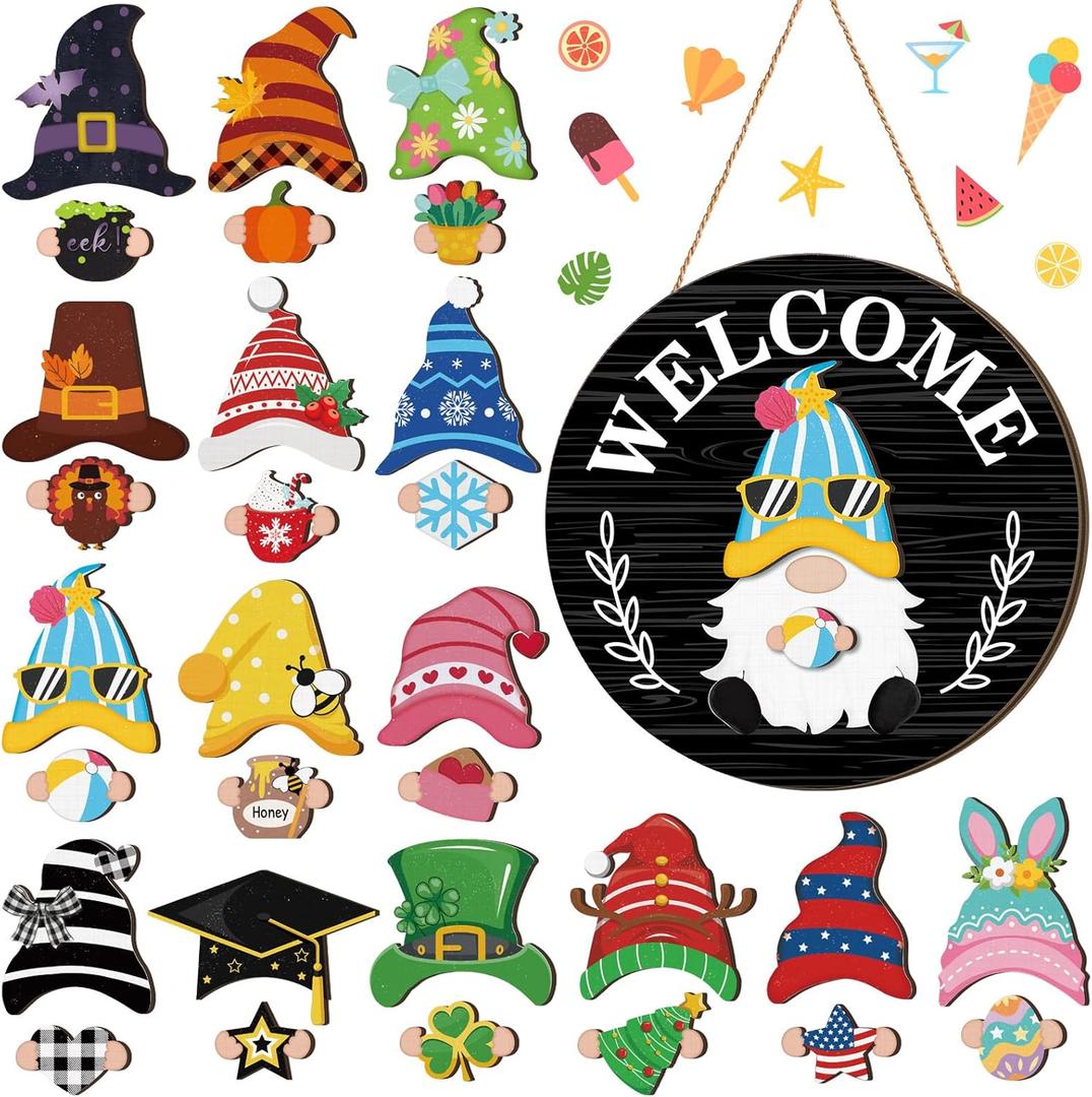 Quonclay Interchangeable Wooden Gnome Decor Holiday Seasonal Gnome Decorations with Magnet Pieces and Detachable Hats Changeable Welcome Sign for Home(Black Style)