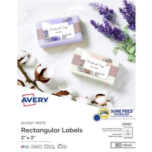 Avery Glossy White Labels, Sure Feed Technology, 2" x 3" Rectangle Labels, Print-to-The-Edge, Laser/Inkjet, 80 Total (22890)