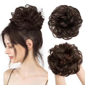 CJL HAIR Large Messy Bun Hair Piece Wavy Curly Scrunchies Synthetic Chignon Ponytail Hair Extensions Thick Updo Hairpieces for Women Dark Brown
