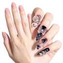 2 x Gothic Press On Nails with Bow & Skull - Handmade Black Pink French Tip Fake Nails | Rhinestone Jelly Glue Reusable 3D Nails for Women (Black Pink, XS)