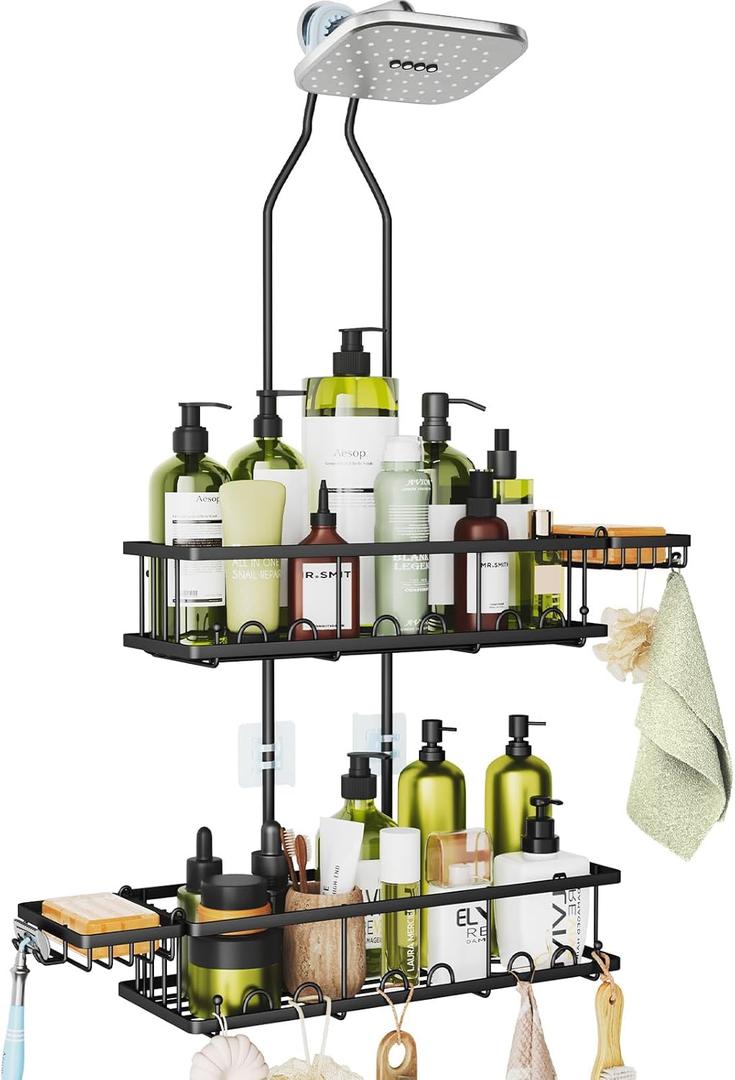 Shower Caddy Hanging: Adjustable Height Organizer for Over Showerhead - Black Rustproof Shower Shelves with Hooks & 2 Soap Holders