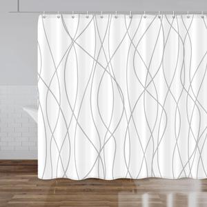 Punkray Grey and White Striped Fabric Shower Curtain for Bathroom with 14 Hooks, Shower Curtains for Bathroom Decor, Waterproof Bath Accessories Hotel Style - Machine Washable 96 X 72 (96"W x 72"L (Pack of 1), Grey White)
