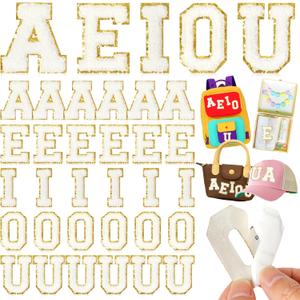 Chenille Letters Patches Self-Adhesive for Clothing: NICEVINYL 30pcs White Vowel Letters Patches Sew on for Fabric - Fuzzy A-E-I-O-U Varsity Letter Stickers for Backpacks Trucker Hats Makeup Bags