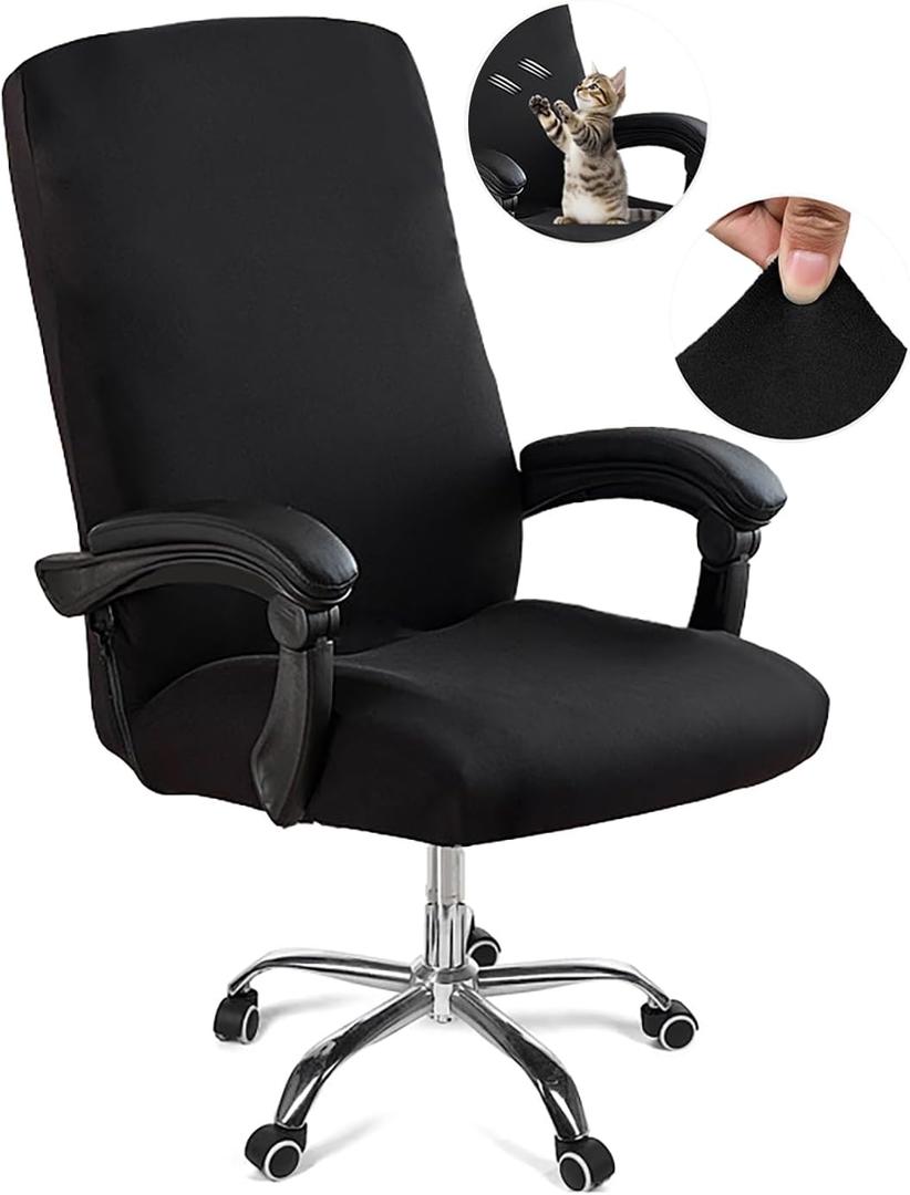 Computer Office Chair Cover with Zipper,Universal Washable Removable Stretch Anti-dust Rotating Soft Office Seat Slipcover,High Back Desk Seat Protector for Pets (Black, Large)
