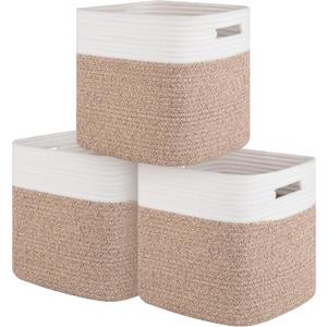 Storage Cubes 11 Inch Cotton Rope Woven Baskets for Organizing, 3-Pack Cube Storage Bin | Square Baskets for Shleves, Closet, Baby Nursery Bins, Variegated Brown