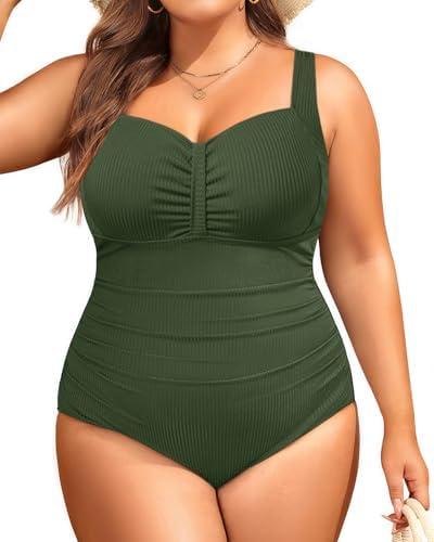 Aqua Eve Plus Size One Piece Swimsuit for Women Tummy Control Bathing Suit Ribbed Swimwear 24W