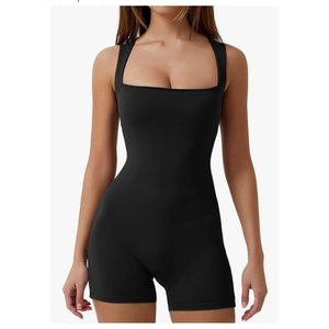 QINSEN Womens Strappy Square Neck Tank Top Tummy Control Bodycon Stretch Shorts Jumpsuit Outfits, Size 8