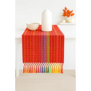 PurpleEssences Table Runner - Wide with Dobby Stripe, Heavy Ribbed Weave & Double Knot Fringes, 14x72 Inch (14x77.5 with Fringes) Boho Farmhouse Decor -Christmas Holiday Winter - Spice