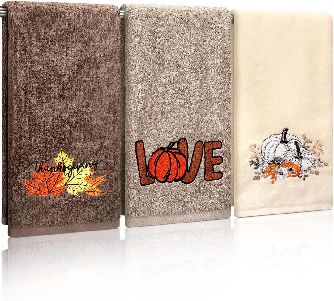 3 Pcs Fall Thanksgiving Hand Towels Embroidered Pumpkin Maple Leaf Bathroom Towels for Fall Bathroom Kitchen Decor Thanksgiving Gift, 29.5 x 13.8 Inch(Dark Brown, Khaki, Beige)