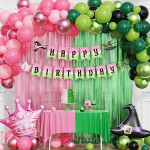 Witch Theme Party Decorations Pink and Green Streamers Backdrop Balloons Kit with Crown Witch Hat Balloon Fringe Curtains Happy Birthday Banner for Princess Witch Birthday Party Supplies
