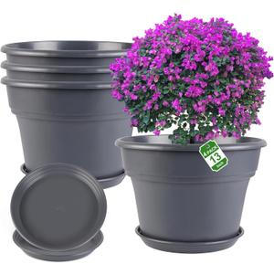 Myfeegoin 13-inch-Plant-Pots, 4 Pack Large Planters for Outdoor Plants, Plastic Flower Pots Indoor with Drainage Holes & Trays, Classic Garden Pot Container for House