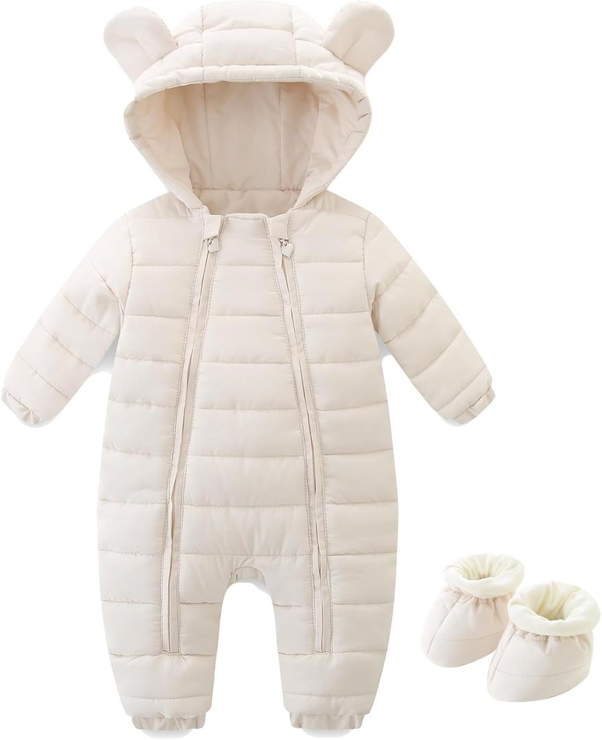 Newborn Baby Snowsuit Cute Bear Hoodie Infant Warm Rompers Unisex Double Zipper Jumpsuit Outwear (3-6 Months, White)