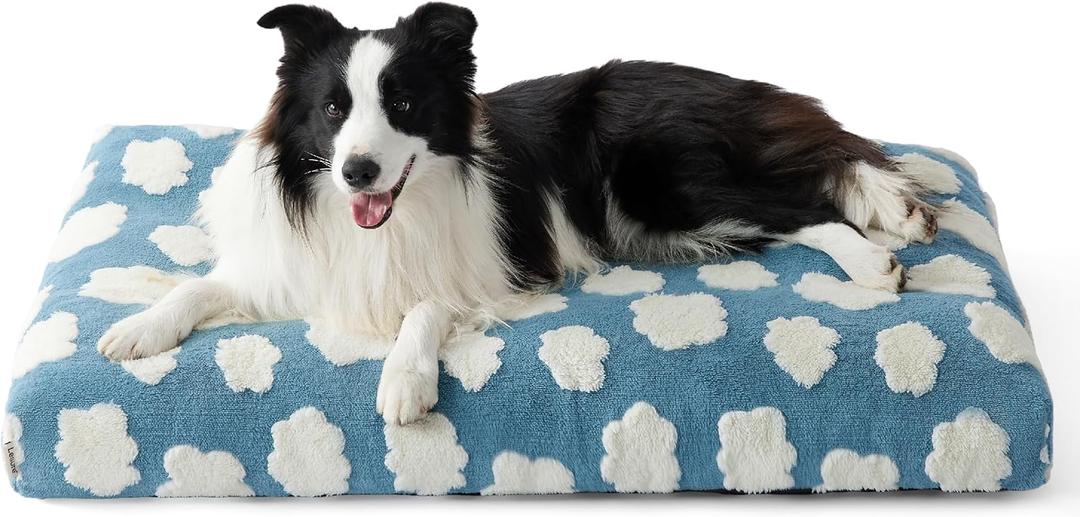 Lesure Dog Beds Large Sized-Thick Shredded Chopped Foam Pet Bed Indoor with Removable Cover, Cute Modern Fuzzy Plush & Anti Slip Bottom, Blue (35.0"L x 22.0"W x 4.0"Th)