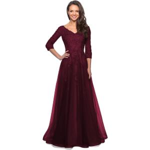 Miao Duo Women's Floral Lace Appliques 3/4 Sleeve Mother of The Bride Dresses Long V Neck Formal Dresses with Pockets YZTS028 (Burgundy), 16W