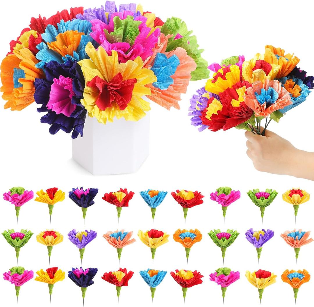 Ctosree 24 Pcs Mexican Artificial Rainbow Crepe Paper Flowers Bunch with Stems Mexican Fiesta Assorted Paper Flowers Fiesta Centerpieces for Birthday Party Cinco De Mayo Party Decor (Bright)