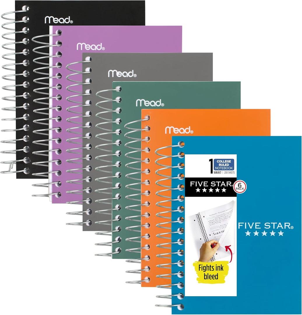 Five Star Spiral Notebook, 6 Pack, College Ruled Paper, Fat Lil' Pocket Notebooks, 3-1/2" x 5-1/2", 200 Sheets, Assorted Colors (38027)