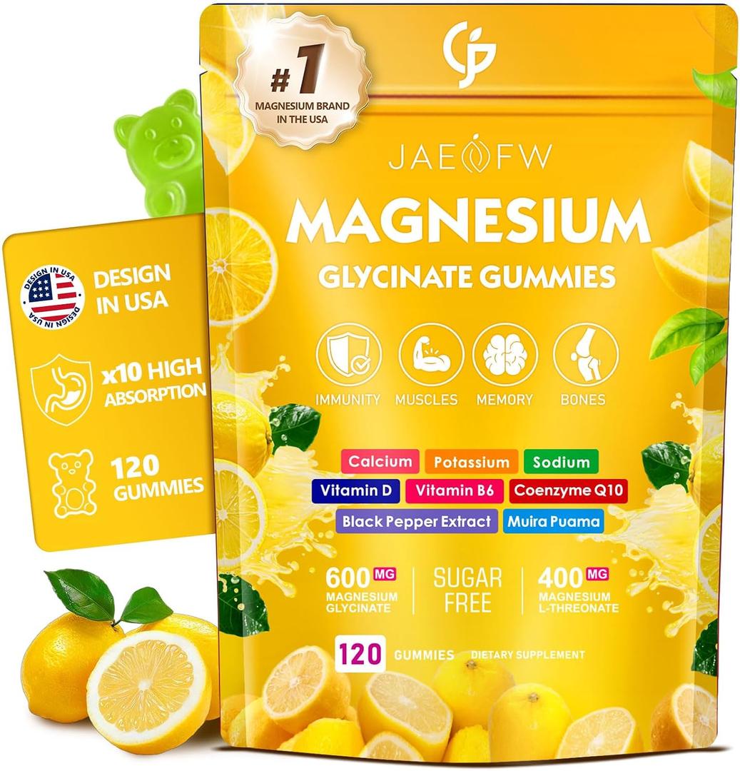 Magnesium Glycinate Gummies 1000mg – High Absorption Magnesium Complex with CoQ10, Vitamin D3 & B6 – Sugar Free Magnesium Gummies for zzZ, Focus & Relaxation, for Women, Men & Kids Lemon