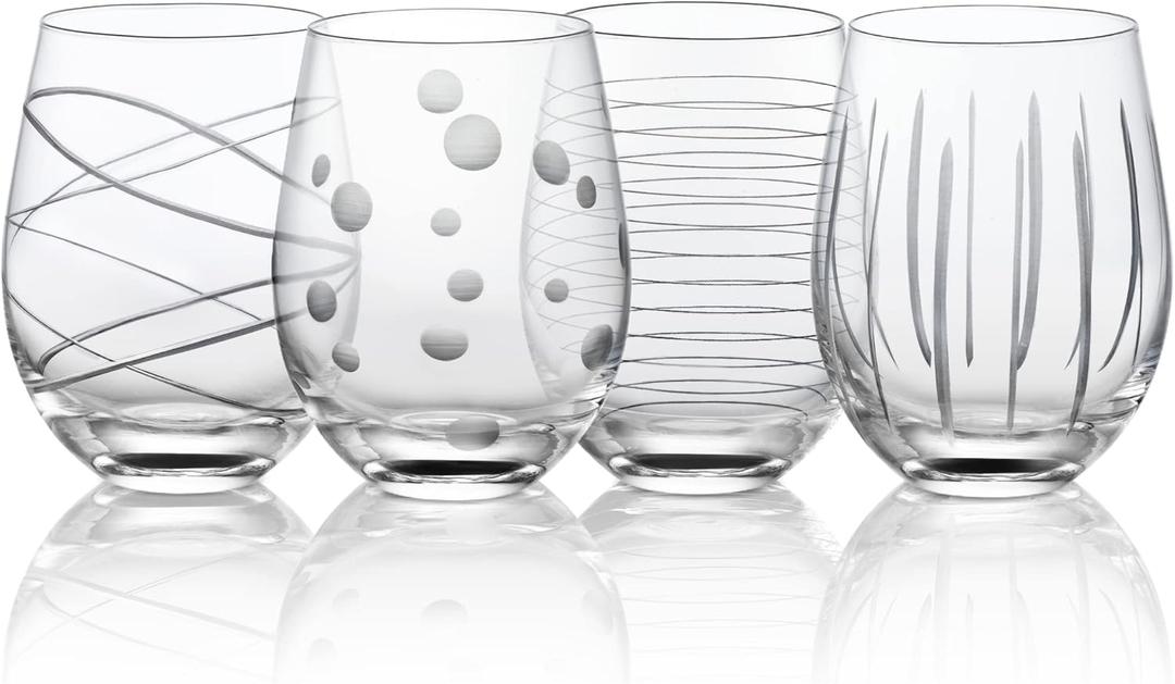Joeyan Hand Blown Etched Stemless Wine Glasses with Dots Strips Pattern for Red Wine, Large Carved Drinking Glass Cups Tumblers for Wedding Anniversary Party Home, Set of 4,17.5 oz