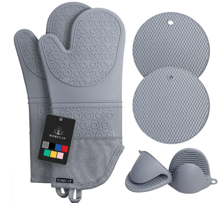 Rorecay 6pcs Oven Mitts and Pot Holders Sets Heat Resistant 500 Degrees, Extra Long and NonSlip Silicone Oven Gloves Potholders Hot Pads for Kitchen Baking Cooking, Quilted Liner, Black