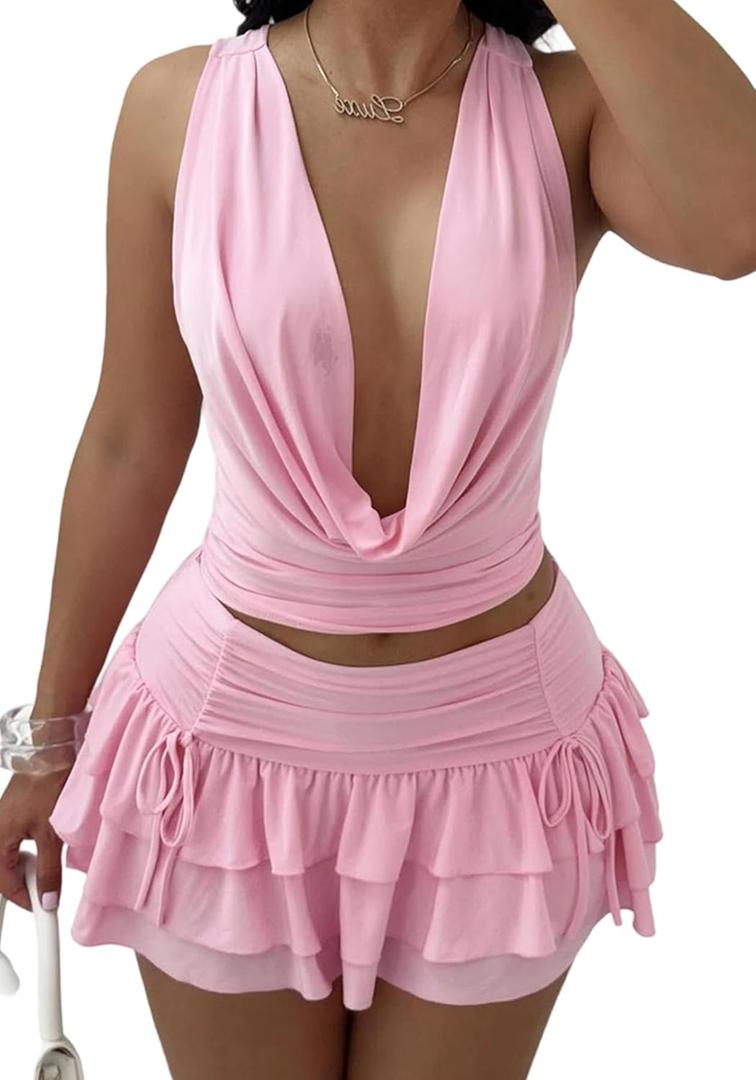Womens Summer 2 Piece Skirt Sets Sexy Backless Halter Crop Tank Top High Waist Ruffle Pleated Mini Skirt Sets (Large, Pink)
