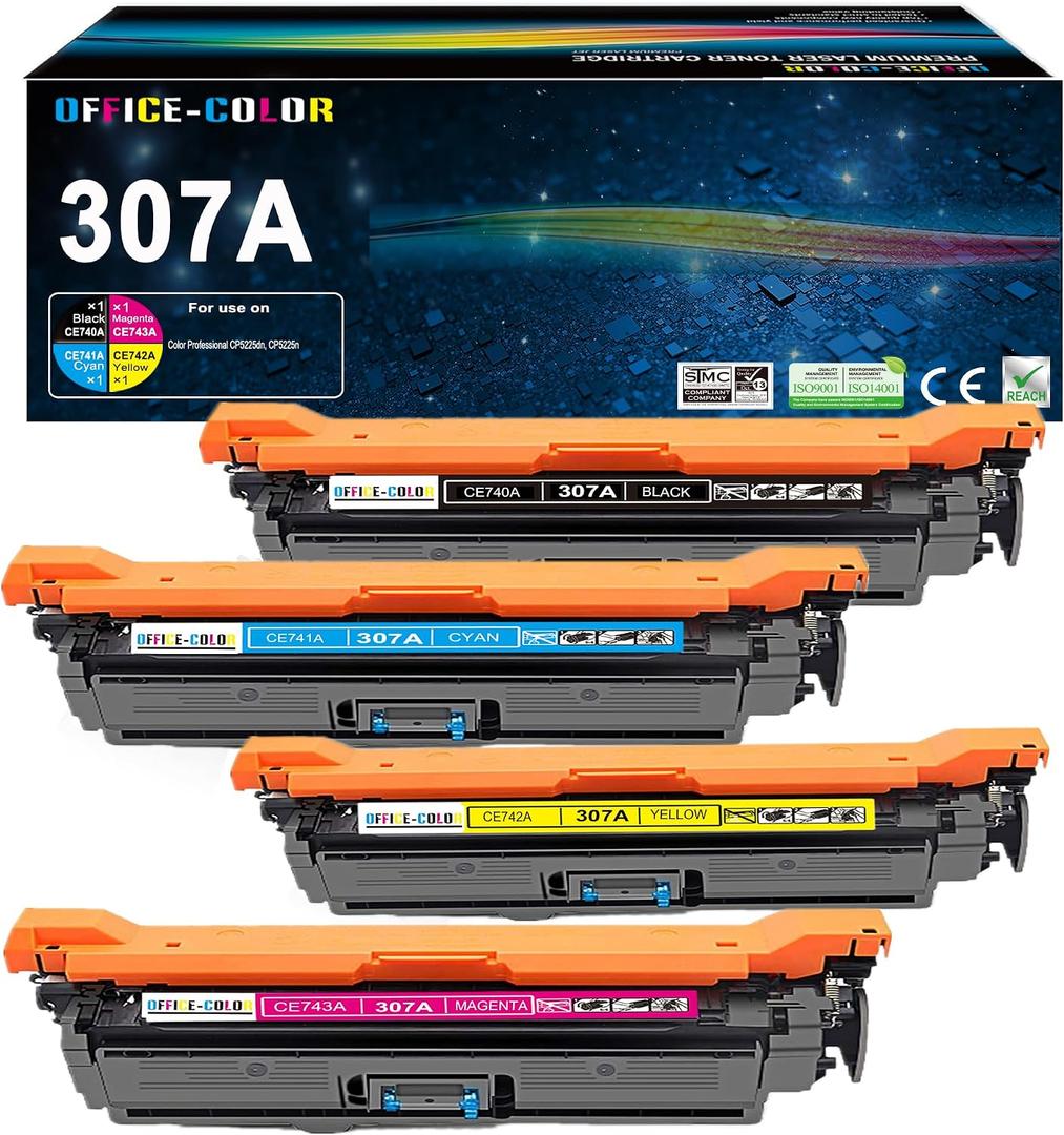 307A Black Cyan Magenta Yellow Toner Cartridge 4 Pack Works with HP Color Professional CP5225, CP5225n, CP5225dn Printer Toner, CE740A/307A
