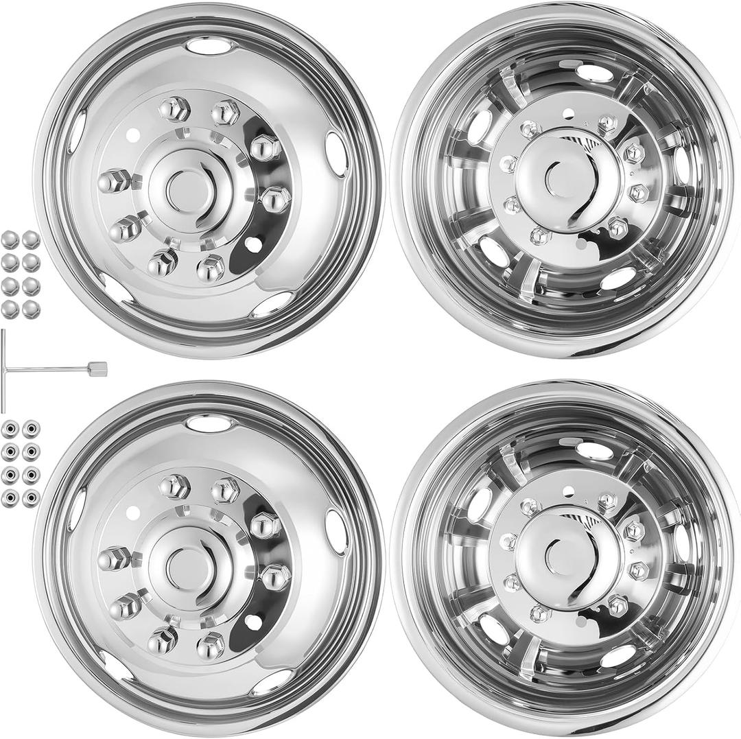 19.5" Wheel Simulators, 304 Polished Stainless Steel Simulator Kit, 2 Front and 2 Rear Wheel Covers, 10 Lug 5 Hand Hole, with Bolt Kit Fit for 2005-2021 Ford F450/F550(19.5IN)