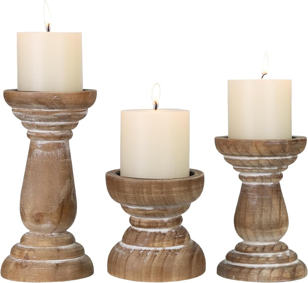 Candle Holder for Pillar Candle Set of 3, Farmhouse Wood Candle Holder, Rustic Wooden Candle Stand, Vintage Small Wooden Candlestick HoldersDecorative for Living Room, Table Centerpiece (Brown)