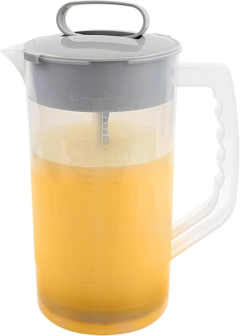 1 Pack Mixing Pitcher for Drinks 2 Quart/ 64oz Plastic Water Pitcher with LidEasy-Mix Juice ContainerAngled Plastic Blades and Adjustable Mixer Plunger for Juice, Tea, Beverage Container